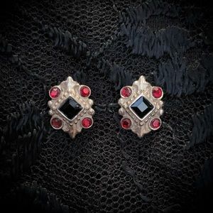 Vintage Gothic Black Red Crystal Sterling Silver Earrings